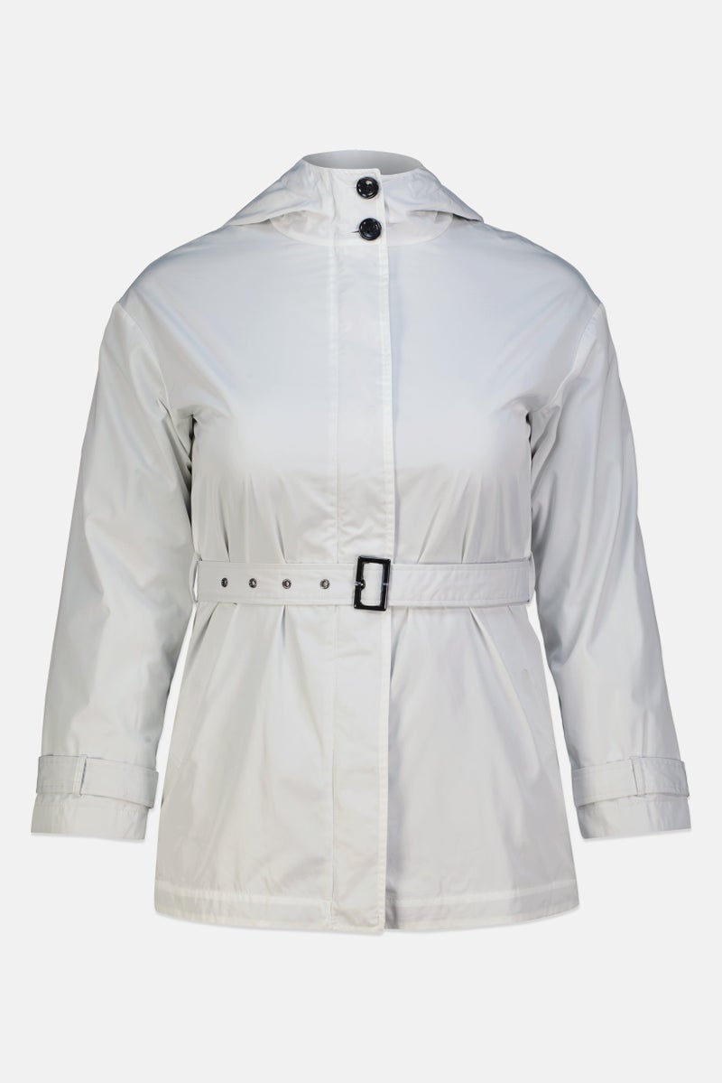 GEOX Women Solid Long Sleeve Wind Breaker Jacket With Belt, White - Image 3