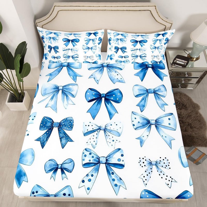 Erosebridal Kids Blue Bow Sheet Set King Size Princess Bow Tie Girls Bed Sheets Set Ultra Soft Butterfly Knot Bedding Sets Fairy Tale Theme Girlish Modern Fashion Sheets Room Decor 4 Pieces - Image 2