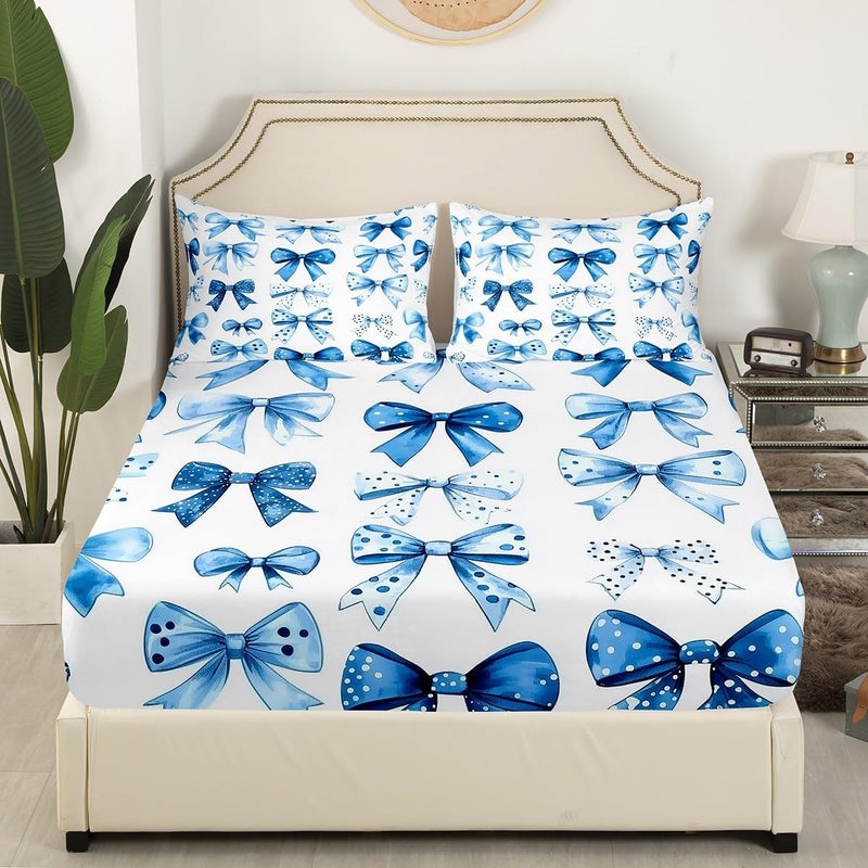 Erosebridal Kids Blue Bow Sheet Set King Size Princess Bow Tie Girls Bed Sheets Set Ultra Soft Butterfly Knot Bedding Sets Fairy Tale Theme Girlish Modern Fashion Sheets Room Decor 4 Pieces - Image 3