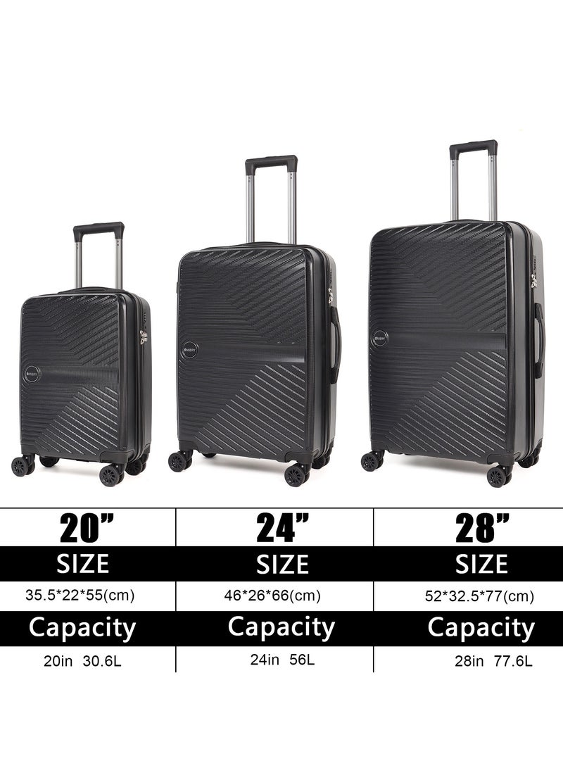 OMBRY Luggage Set 3 Pieces Suitcase Set Carry on Luggage with Wheels Check-in Luggage PC Durable Suitcase Rotating Silent Wheels 3-Piece 20/24/28 Black - Image 2