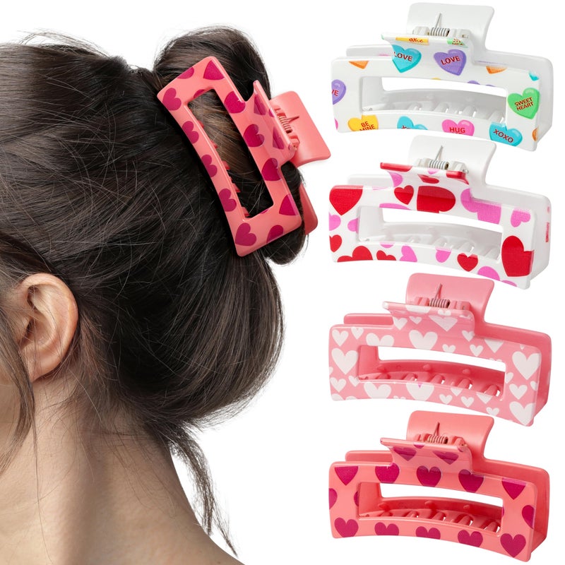 PANTIDE 4Pcs Valentine's Day Heart Hair Claw Clips for Women Girls - Conversation Love Heart Rectangle Nonslip Banana Hair Clips, Thin Thick Short Long Curly Hair Accessories, Valentines Birthday Gift - Image 1