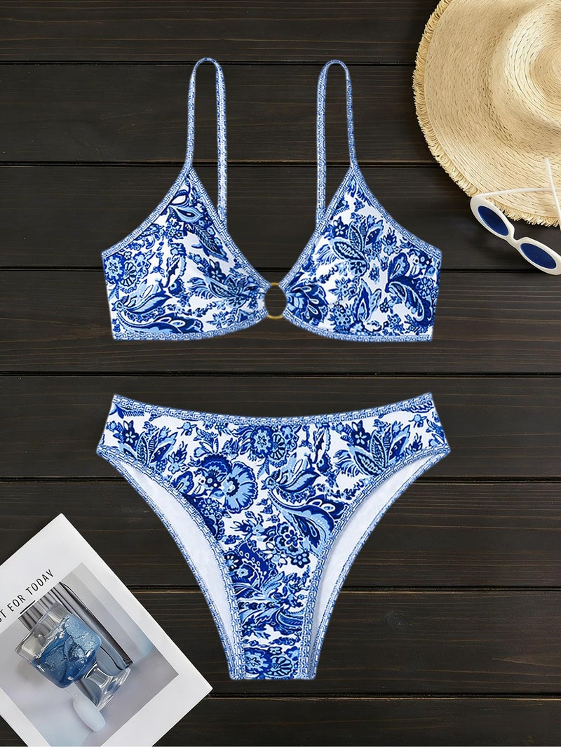 Tainehs Women's Two Piece Bikini Sets O Ring Front Top Ditsy Floral Triangle Swimsuits Cheeky Bathing Suit - Image 3