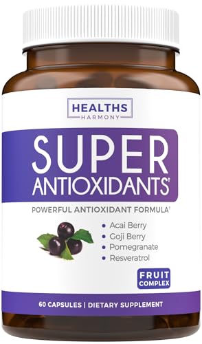 Healths Harmony Super Antioxidants Supplement Powerful Super Food Antioxidant Daily Blend Acai Berry Goji Pomegranate Trans Resveratrol Herbal and Fruit Formula For Women and Men Skin Care 60 Capsules
