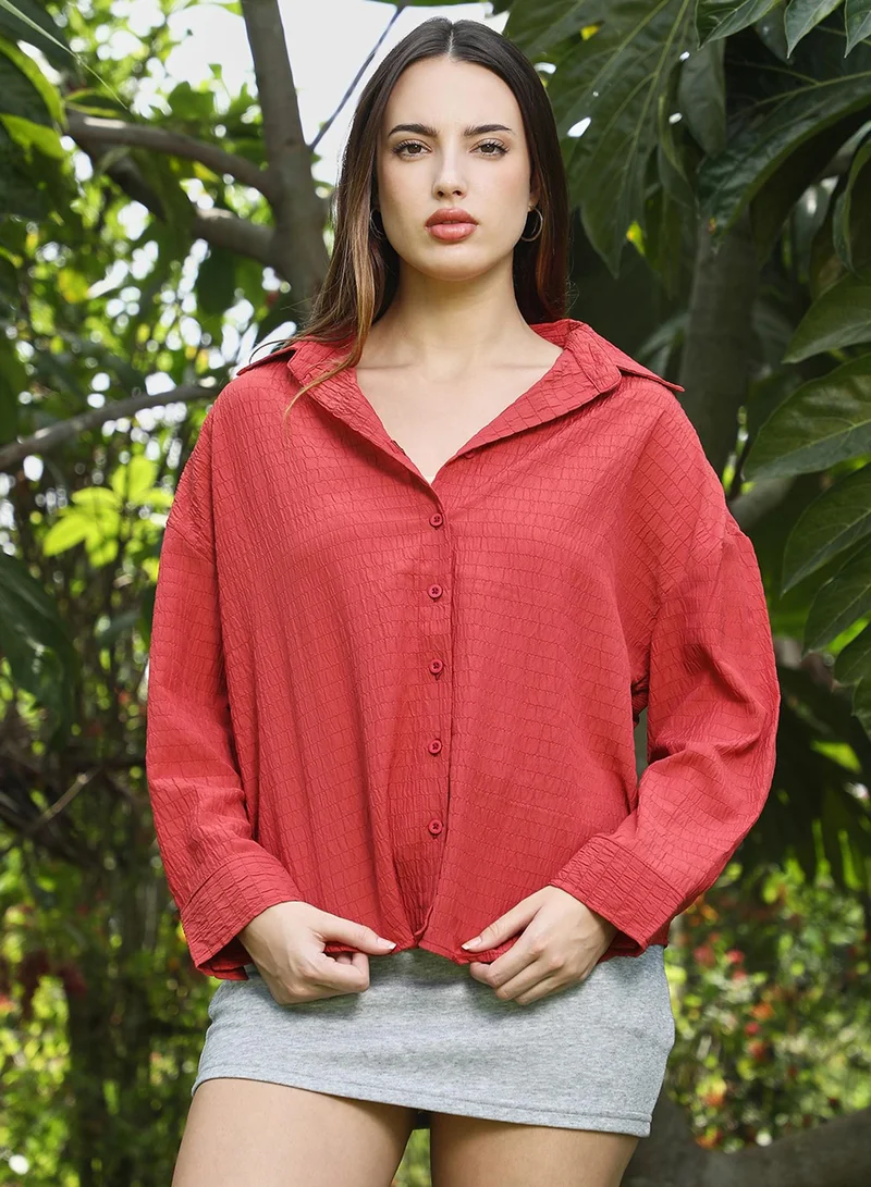 Campus Sutra Campus Sutra Women's Rose Red Ruche-Textured Shirt For Casual Wear | Spread Collar | Long Cuffed Sleeves | Button Closure | Shirt Crafted With Comfort Fit For Everyday Wear
