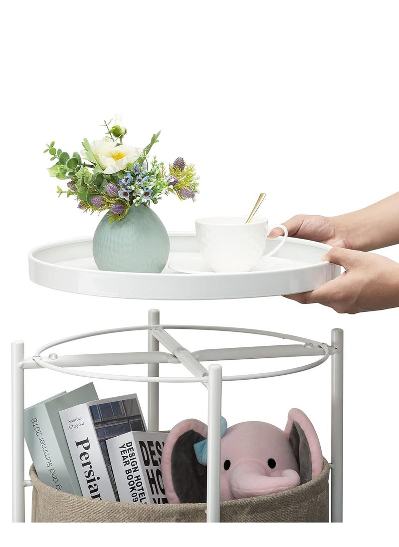 watheer - Sofa Side Table Metal Round Table with Detachable Tray and Fabric Storage Basket - Image 1