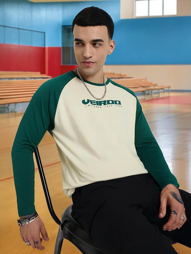 Veirdo® Pure Cotton Regular Fit Round Neck Front Chest Typographic Logo Printed Raglan Full Sleeve T-Shirt for Men (VD_FS_RAG_SW_BB_L) Green - Image 5