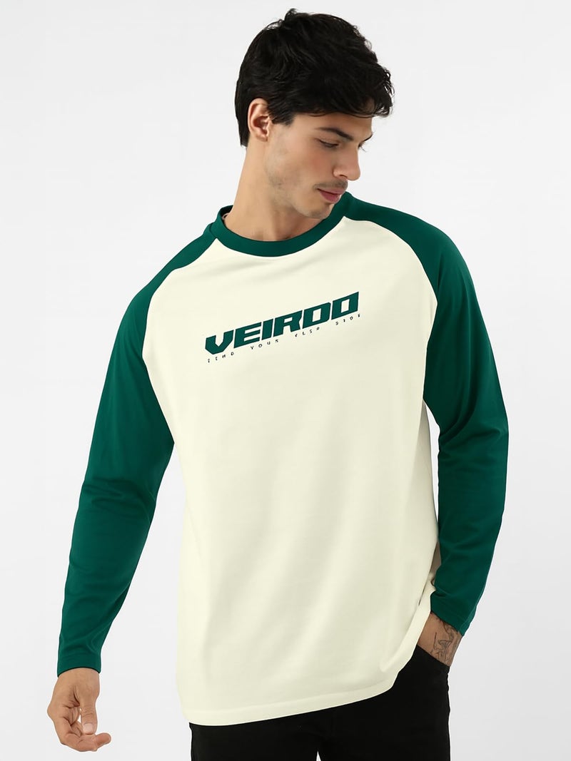 Veirdo® Pure Cotton Regular Fit Round Neck Front Chest Typographic Logo Printed Raglan Full Sleeve T-Shirt for Men (VD_FS_RAG_SW_BB_L) Green - Image 3