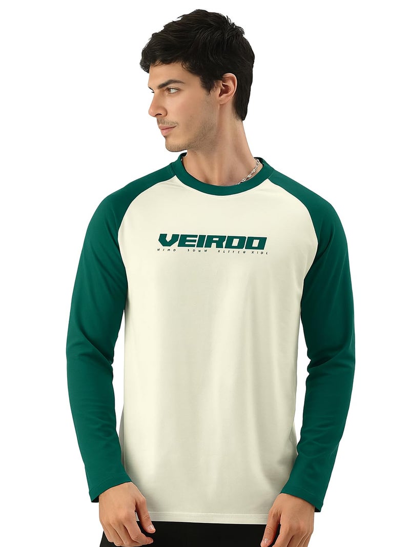 Veirdo® Pure Cotton Regular Fit Round Neck Front Chest Typographic Logo Printed Raglan Full Sleeve T-Shirt for Men (VD_FS_RAG_SW_BB_L) Green - Image 1