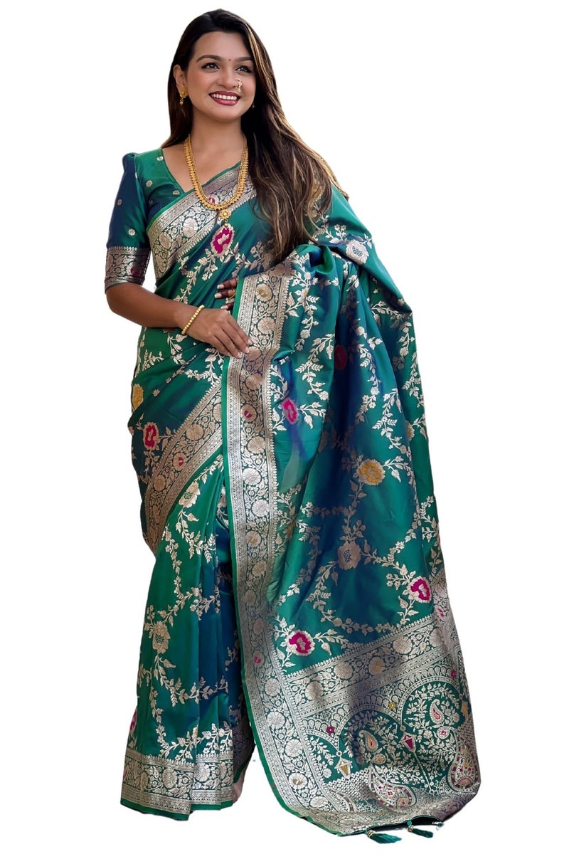 SGF11 Women's Kanjivaram Pure Soft Silk Designer Saree With Blouse Piece (Rama Green 2) - Image 1