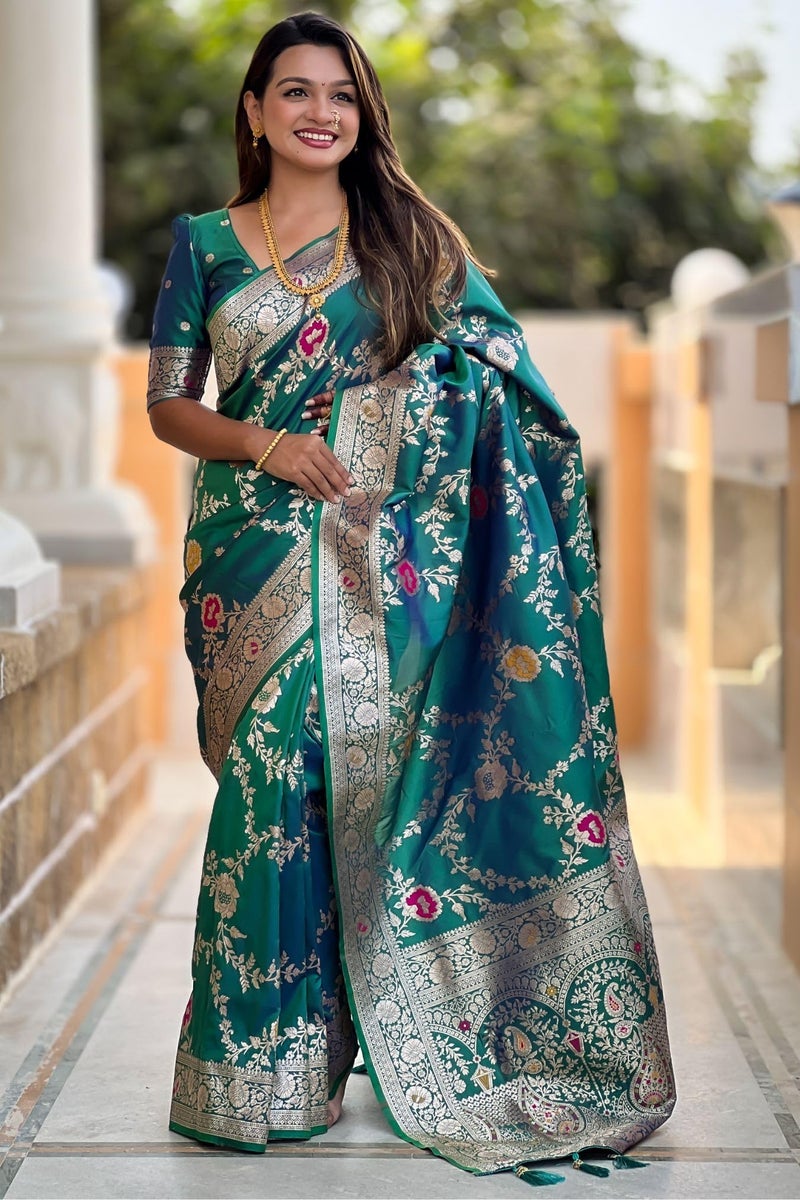 SGF11 Women's Kanjivaram Pure Soft Silk Designer Saree With Blouse Piece (Rama Green 2) - Image 2