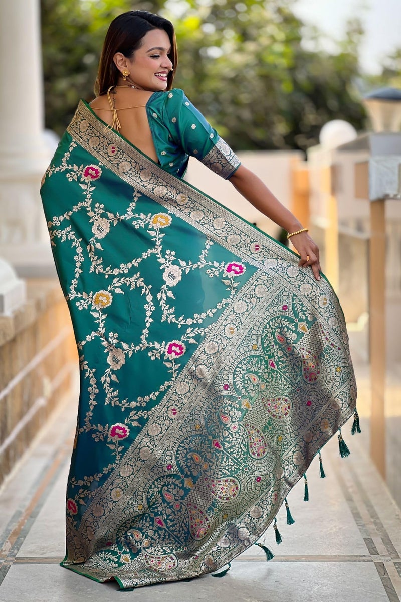 SGF11 Women's Kanjivaram Pure Soft Silk Designer Saree With Blouse Piece (Rama Green 2) - Image 4