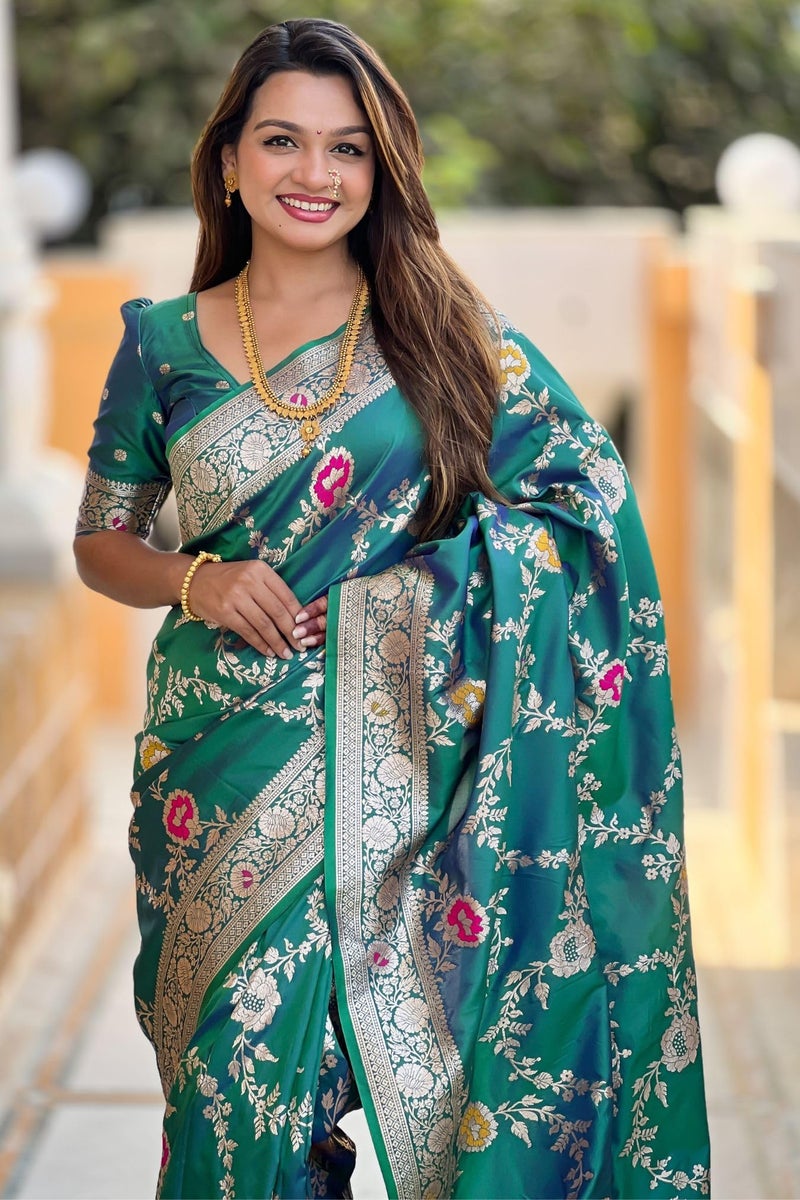 SGF11 Women's Kanjivaram Pure Soft Silk Designer Saree With Blouse Piece (Rama Green 2) - Image 3