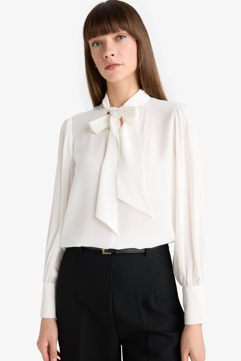 ديفاكتو قميص نسائي بقصّة عادية وأكمام طويلة وربطة عنق - Image 1