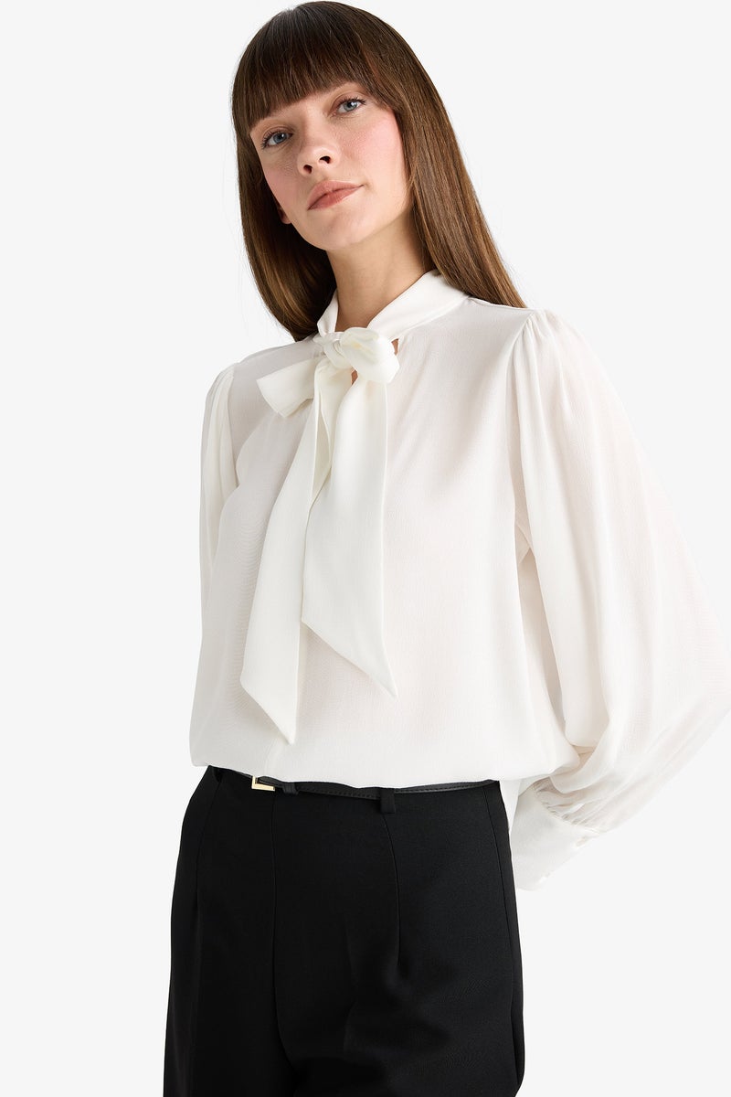 ديفاكتو قميص نسائي بقصّة عادية وأكمام طويلة وربطة عنق - Image 5