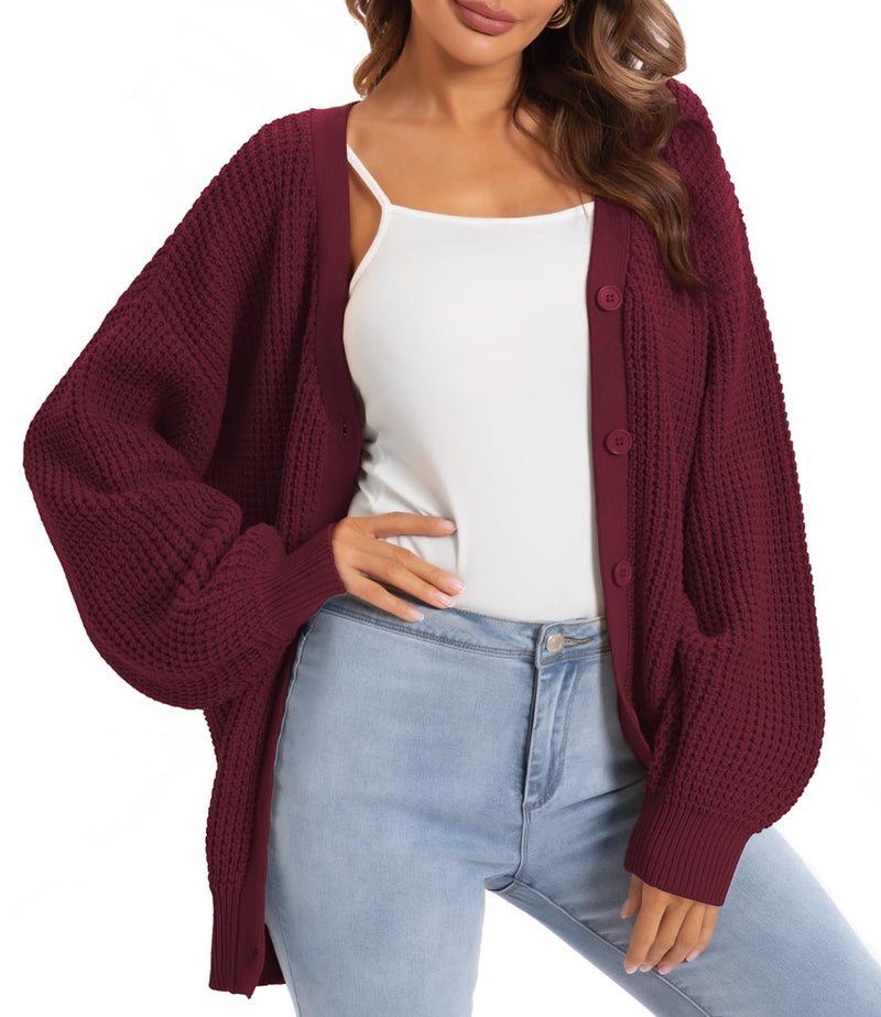 QUALFORT Women's Cardigan Sweaters for Women 100% Cotton Button-Down Long Sleeve Outerwear Fall Cardigans 2026 Wine red Medium - Image 1