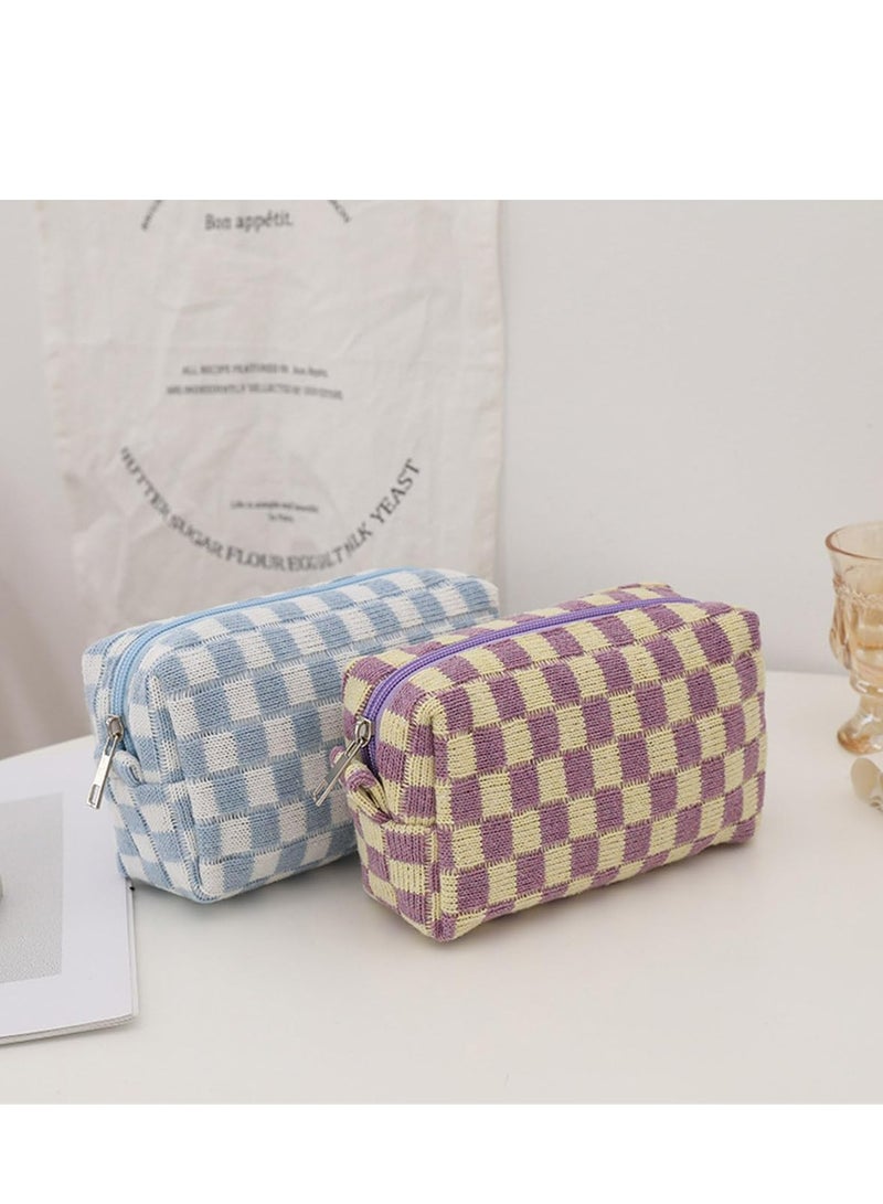 Mini Plush Cosmetic Bag, Y2k Checkered Makeup Pouch with Zipper for Travel, Zipper Storage Organizer. - Image 4