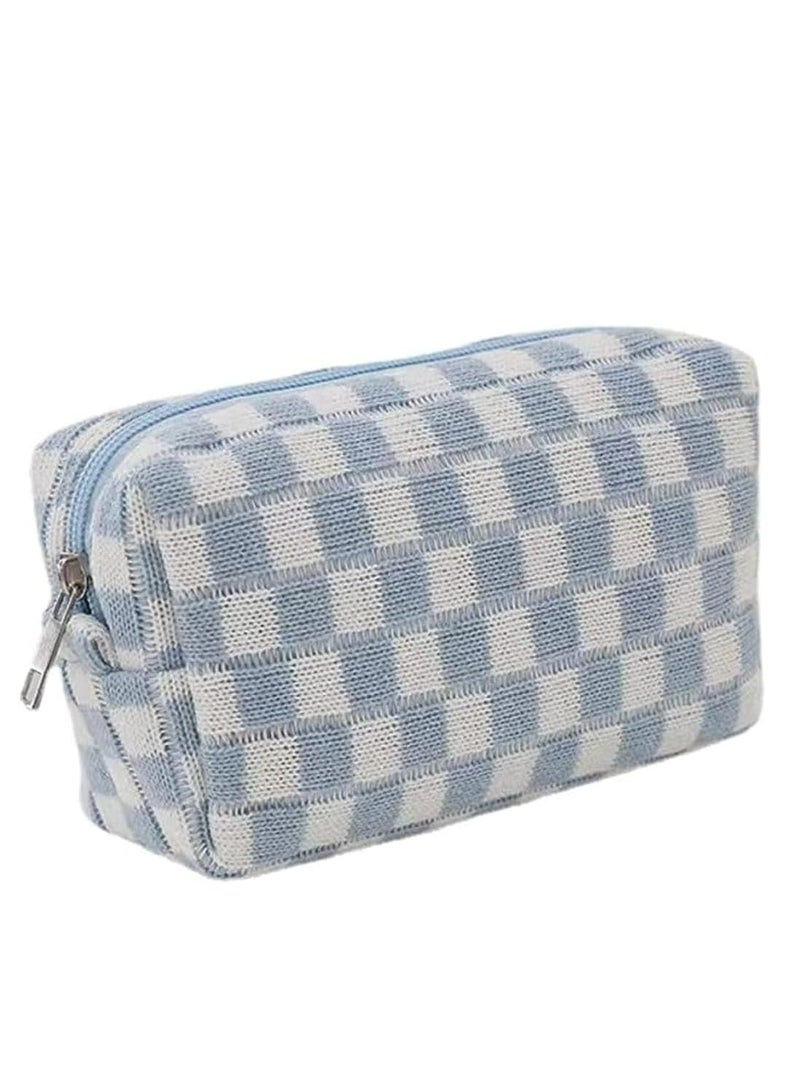 Mini Plush Cosmetic Bag, Y2k Checkered Makeup Pouch with Zipper for Travel, Zipper Storage Organizer. - Image 1