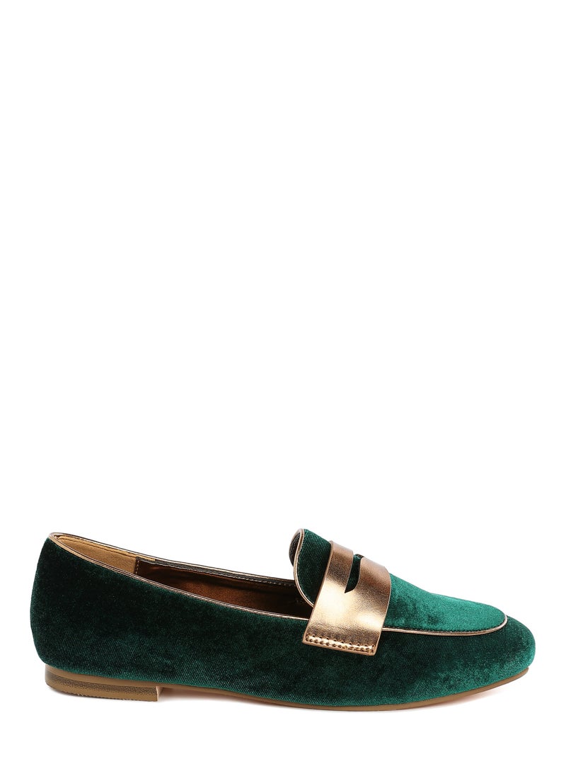 London Rag Penny Strap Velvet Loafers in Green  - Image 1