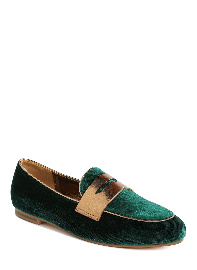 London Rag Penny Strap Velvet Loafers in Green  - Image 2