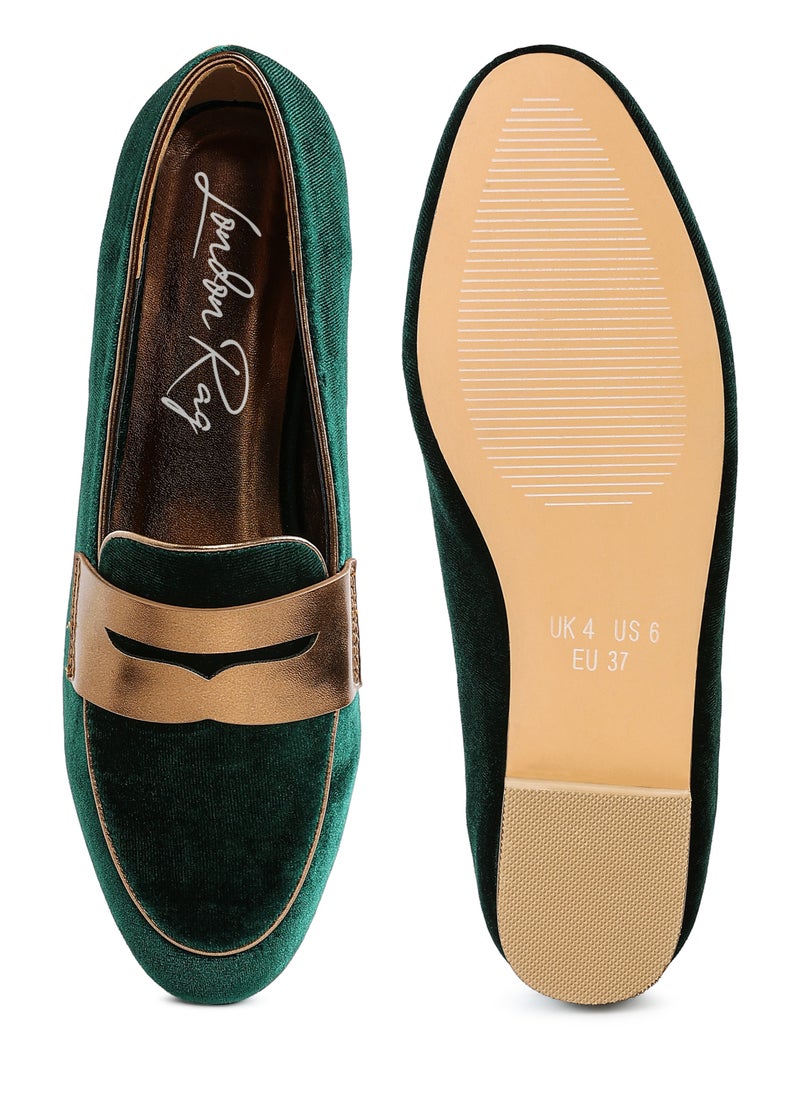 London Rag Penny Strap Velvet Loafers in Green  - Image 4