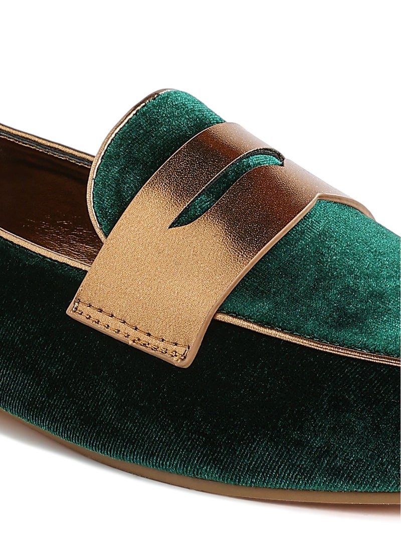 London Rag Penny Strap Velvet Loafers in Green  - Image 5