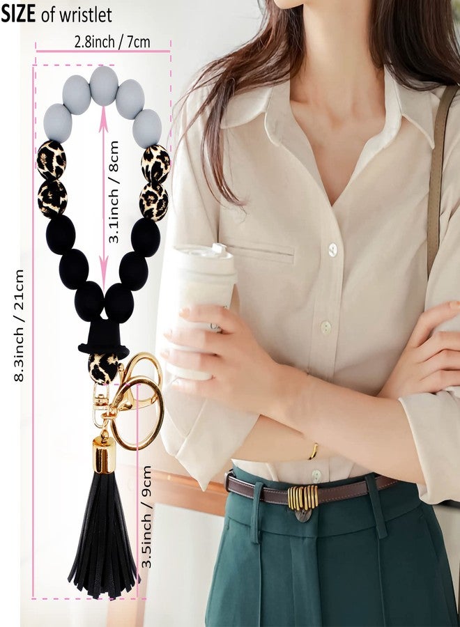 بي اي اتش ار تي سي سوار معصم من السيليكون مزود بحلقة مفاتيح، سوار مزين بالخرز، سلسلة مفاتيح، سوار مرن للنساء، حامل سلسلة مفاتيح للمنزل والسيارة، سلسلة سوار، سلسلة مفاتيح بنقشة جلد النمر - Image 2