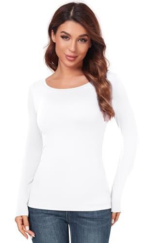 AUHEGN Women's Crew Neck Tops Long Sleeve Slim Fitted T Shirt Thermal Shirts Basic Tight Tee White Large - Image 3