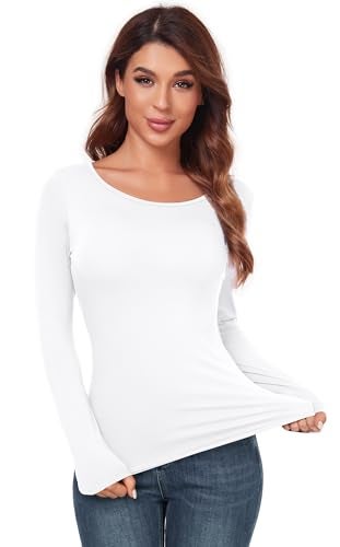 AUHEGN Women's Crew Neck Tops Long Sleeve Slim Fitted T Shirt Thermal Shirts Basic Tight Tee White Large - Image 4