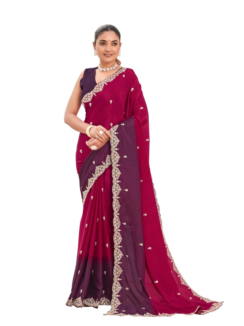 MANOHARI Women's Heavy Embroidered Moss Chiffon Dual Tone Wine & Maroon Color Padding for Women | Ethnic Saree with Blouse Piece | Dual Color Saree_MN2020 - Image 1