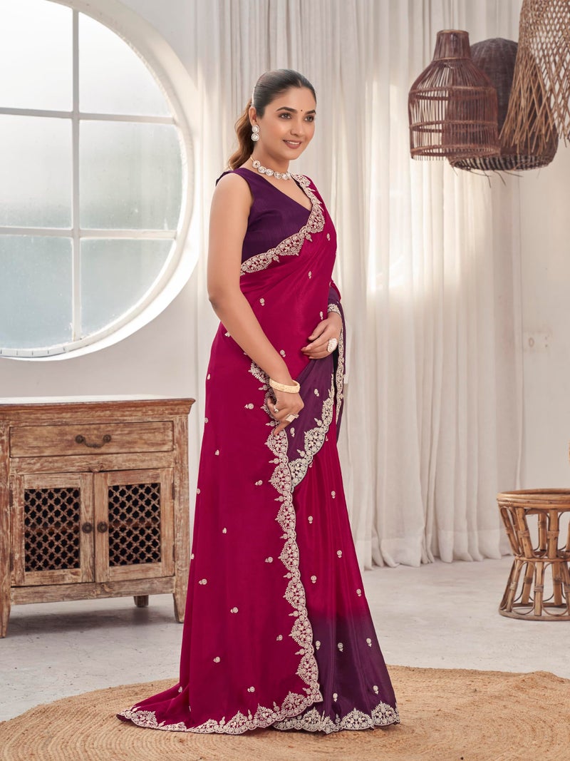 MANOHARI Women's Heavy Embroidered Moss Chiffon Dual Tone Wine & Maroon Color Padding for Women | Ethnic Saree with Blouse Piece | Dual Color Saree_MN2020 - Image 5