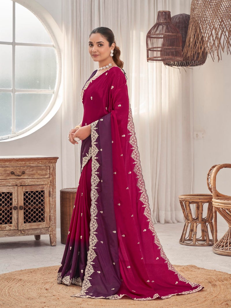 MANOHARI Women's Heavy Embroidered Moss Chiffon Dual Tone Wine & Maroon Color Padding for Women | Ethnic Saree with Blouse Piece | Dual Color Saree_MN2020 - Image 3