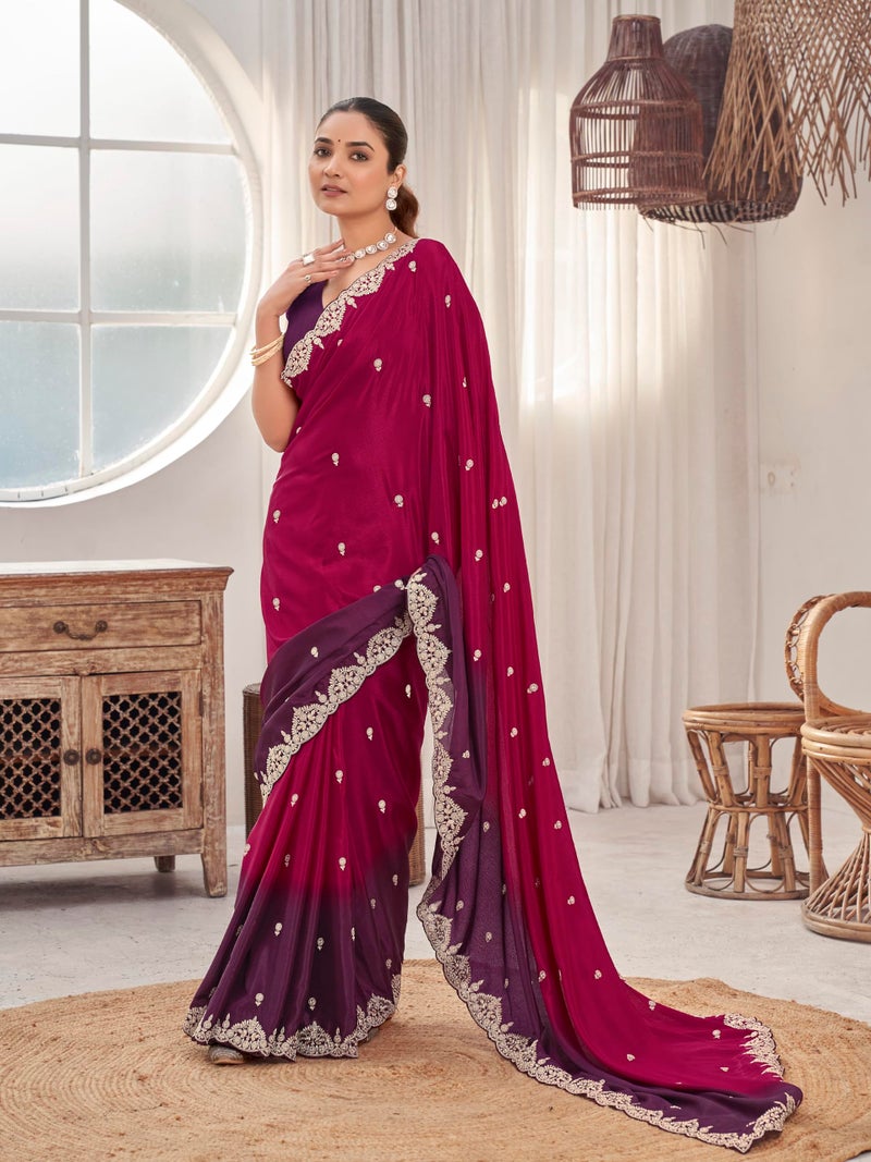 MANOHARI Women's Heavy Embroidered Moss Chiffon Dual Tone Wine & Maroon Color Padding for Women | Ethnic Saree with Blouse Piece | Dual Color Saree_MN2020 - Image 2