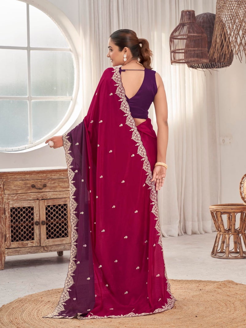 MANOHARI Women's Heavy Embroidered Moss Chiffon Dual Tone Wine & Maroon Color Padding for Women | Ethnic Saree with Blouse Piece | Dual Color Saree_MN2020 - Image 4
