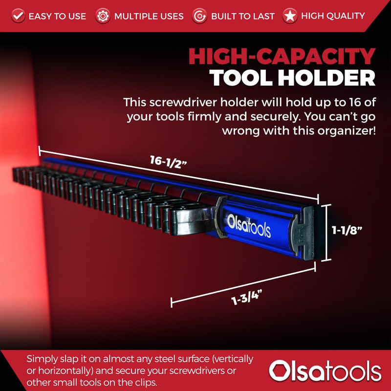 Olsa Tools منظم مفكات مغناطيسي من أولسا تولز - حامل مفكات مع مغناطيسات قوية وظهر من الفوم - حامل أدوات احترافي ومنظم أدوات - يخزن حتى 16 مفك - أزرق - الجزء: 1114 - Image 5