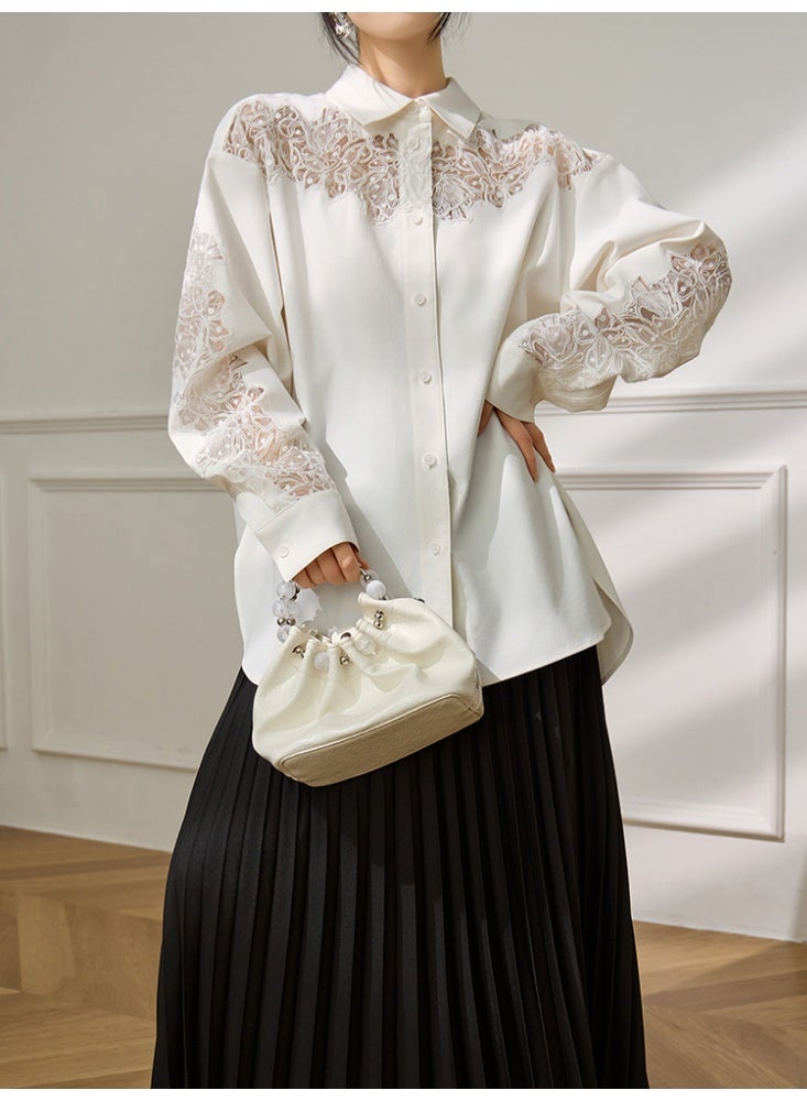 Women White Lace Embroidered Blouse Loose Fit Cotton Shirt Elegant Long Sleeve Casual Top Spring Summer Fashion - Image 5