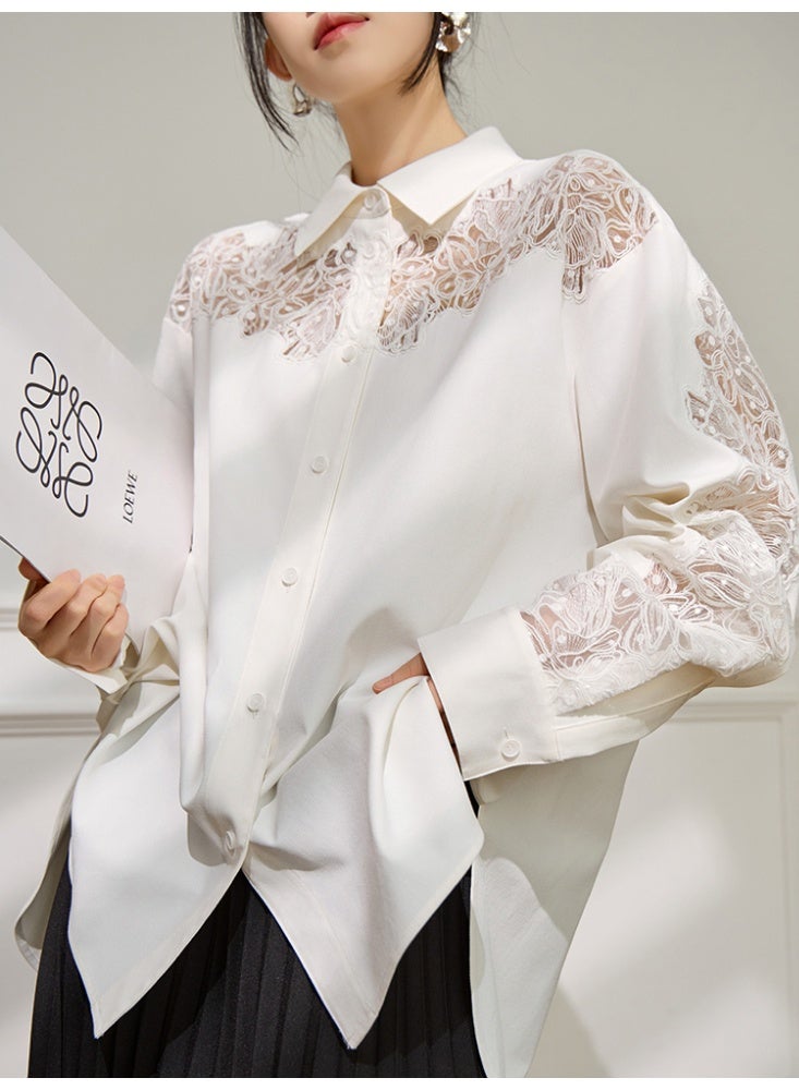 Women White Lace Embroidered Blouse Loose Fit Cotton Shirt Elegant Long Sleeve Casual Top Spring Summer Fashion - Image 1