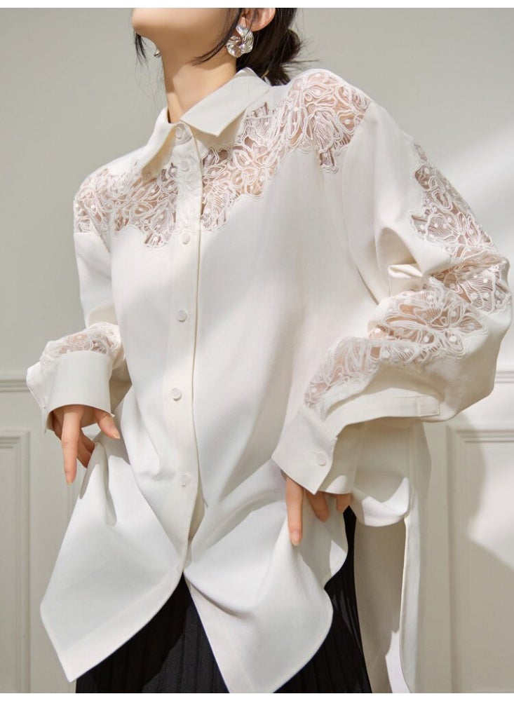 Women White Lace Embroidered Blouse Loose Fit Cotton Shirt Elegant Long Sleeve Casual Top Spring Summer Fashion - Image 2