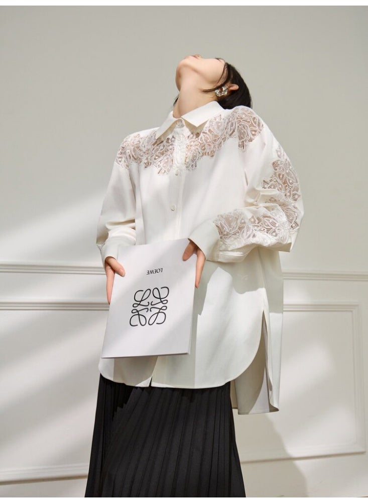 Women White Lace Embroidered Blouse Loose Fit Cotton Shirt Elegant Long Sleeve Casual Top Spring Summer Fashion - Image 4