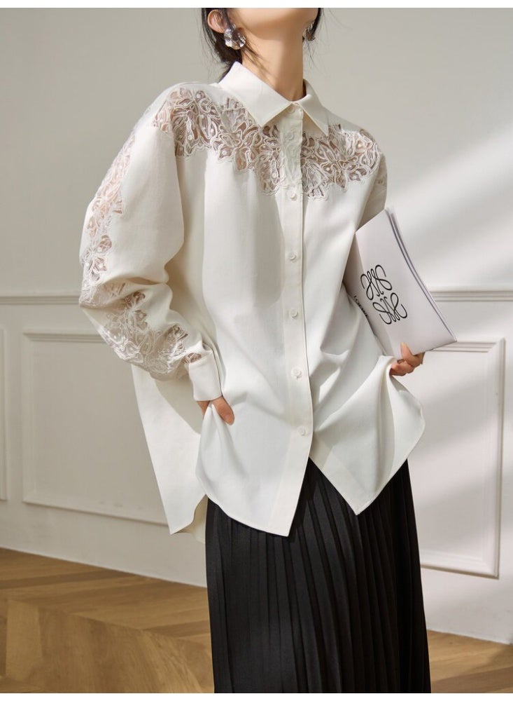 Women White Lace Embroidered Blouse Loose Fit Cotton Shirt Elegant Long Sleeve Casual Top Spring Summer Fashion - Image 3