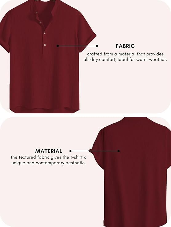 latest chikan Latest CHIKNA Men's Casual Mandarian Collar T Shirts Short Sleeve Bubble Textured Short Kurta Fashion Beach Summer Kurta,SK-CRC-CR-M-38 Maroon - Image 5