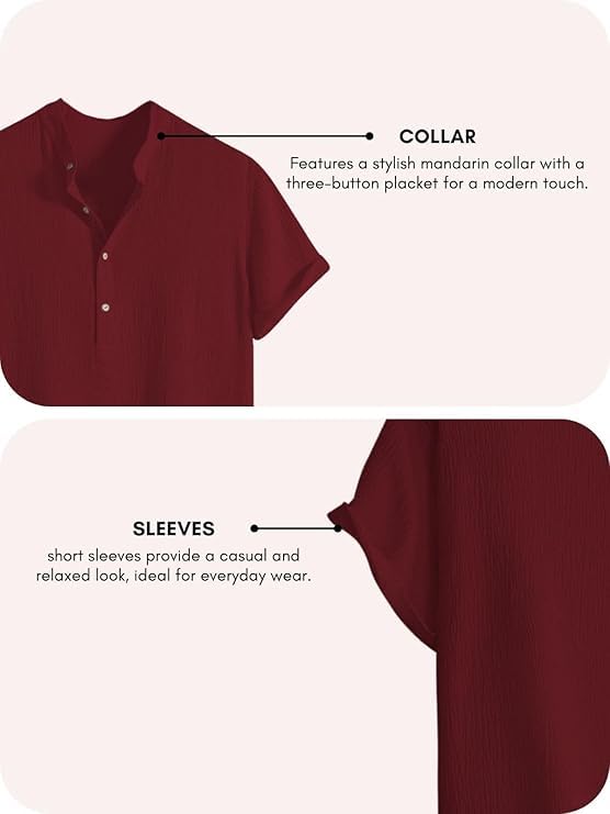 latest chikan Latest CHIKNA Men's Casual Mandarian Collar T Shirts Short Sleeve Bubble Textured Short Kurta Fashion Beach Summer Kurta,SK-CRC-CR-M-38 Maroon - Image 4