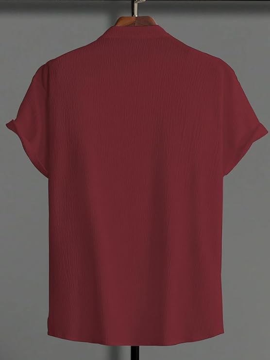 latest chikan Latest CHIKNA Men's Casual Mandarian Collar T Shirts Short Sleeve Bubble Textured Short Kurta Fashion Beach Summer Kurta,SK-CRC-CR-M-38 Maroon - Image 3