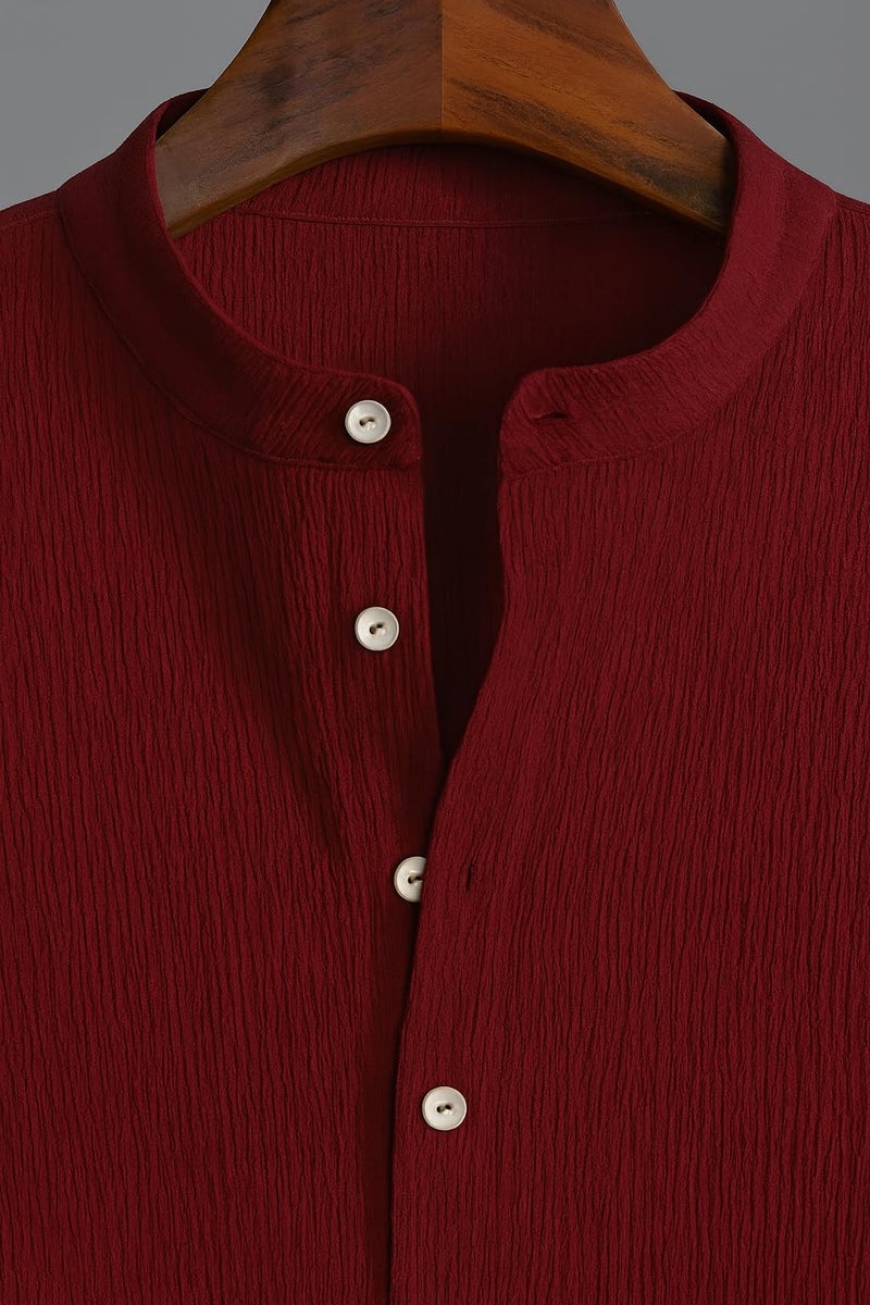 latest chikan Latest CHIKNA Men's Casual Mandarian Collar T Shirts Short Sleeve Bubble Textured Short Kurta Fashion Beach Summer Kurta,SK-CRC-CR-M-38 Maroon - Image 2