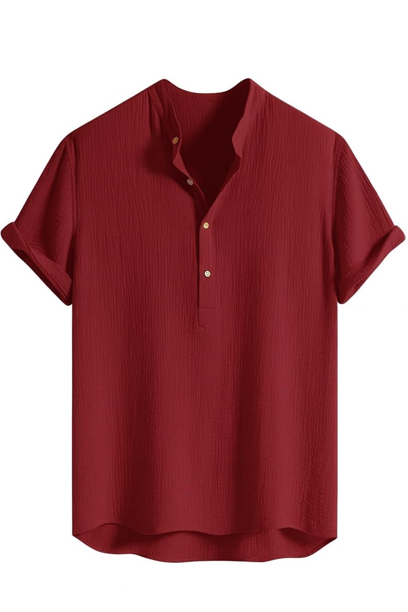 latest chikan Latest CHIKNA Men's Casual Mandarian Collar T Shirts Short Sleeve Bubble Textured Short Kurta Fashion Beach Summer Kurta,SK-CRC-CR-M-38 Maroon - Image 1