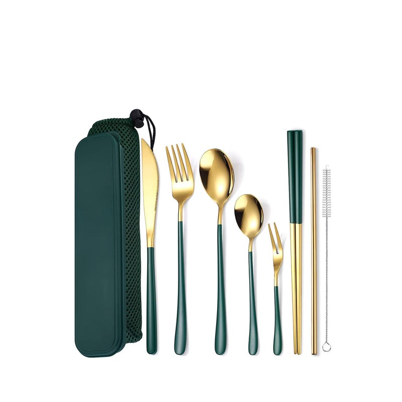 SOLARAE Portable Reusable Cutlery Set, Travel Utensils Set with Case, Stainless Steel Flatware Set Including Knife Fork Spoon Chopsticks Straws Brush, Dishwasher Safe (8Pcs Green golden) - Image 1