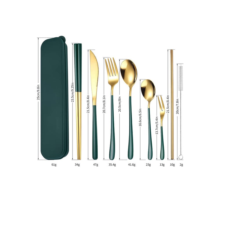 SOLARAE Portable Reusable Cutlery Set, Travel Utensils Set with Case, Stainless Steel Flatware Set Including Knife Fork Spoon Chopsticks Straws Brush, Dishwasher Safe (8Pcs Green golden) - Image 2