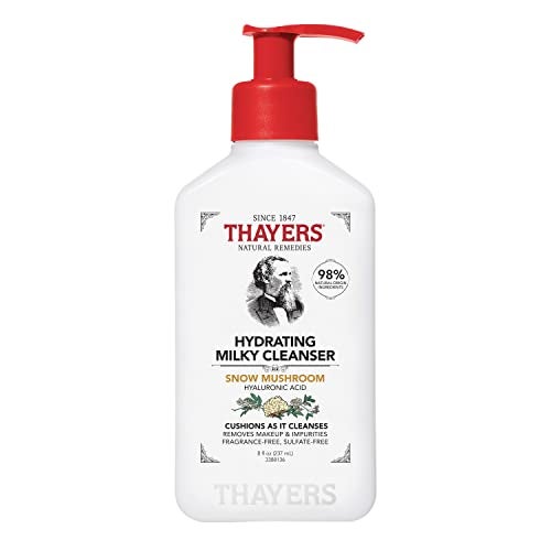 THAYERS Milky Hydrating Face Cleanser with Snow Mushroom Hyaluronic Acid Dermatologist Recommended Gentle Facial Wash Hydrating Skincare for Dry Sensitive Skin Paraben Free 8 FL Oz Clear
