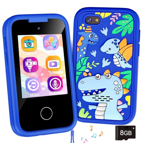WEOLULI Kids Phone Birthday Gifts Toy for 3 4 5 6 7 8 9 10 Year Old Girls BoyToddler Kid Smart Phone with Dinosaur Silicone Cover Educational GamesMusic PlayerToys for Girls Boys Age 38Blue - Image 1