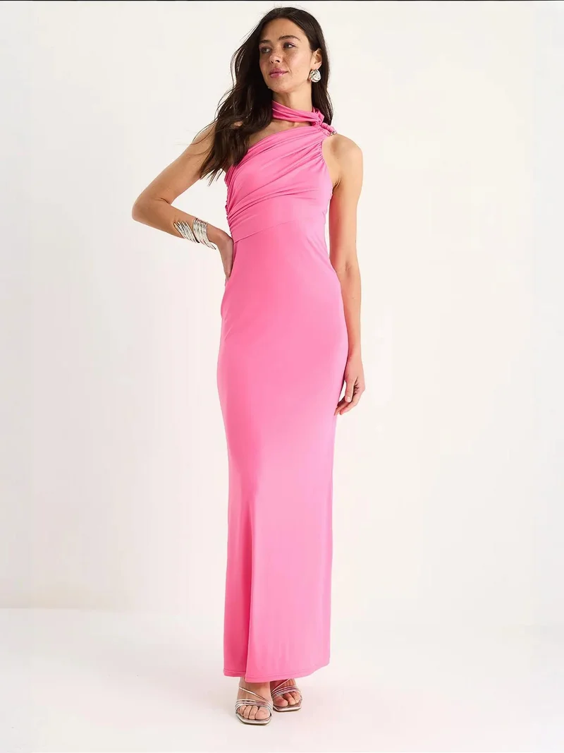 Bianco Lucci LUCCI Halter Neck Fitted Maxi Dress with Accessory Detail