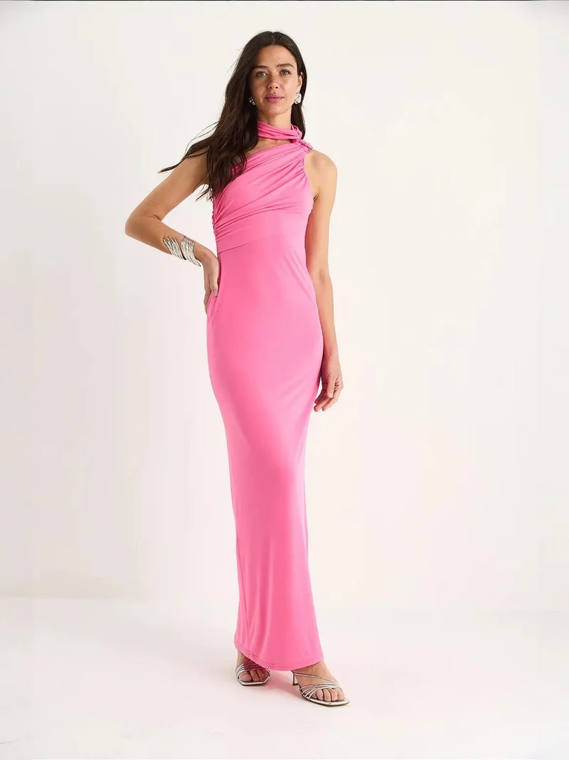 Bianco Lucci LUCCI Halter Neck Fitted Maxi Dress with Accessory Detail